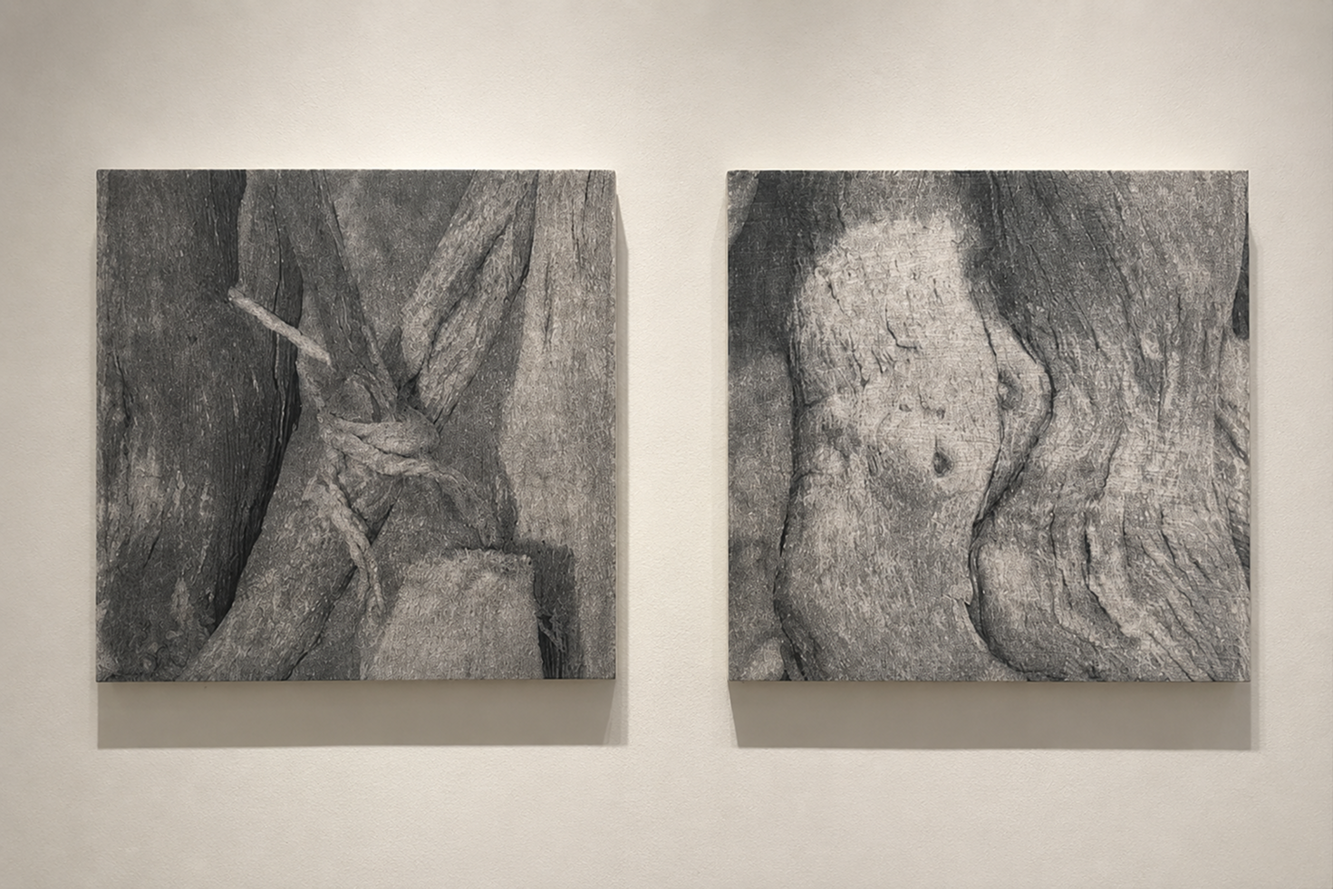 Two black and white landscape image transfers installed on a wall